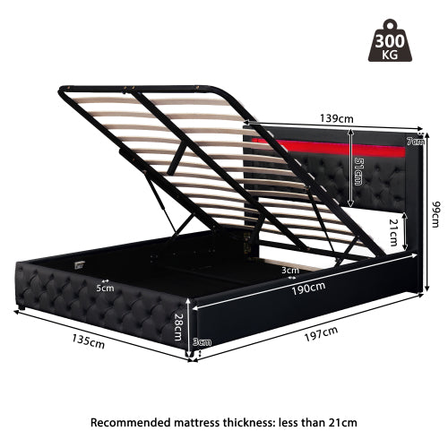 Upholstered Bed 135 X 190 Cm Functional Bed With Slatted Frame And Storage Space, LED Lighting In Different Colors, White, PU