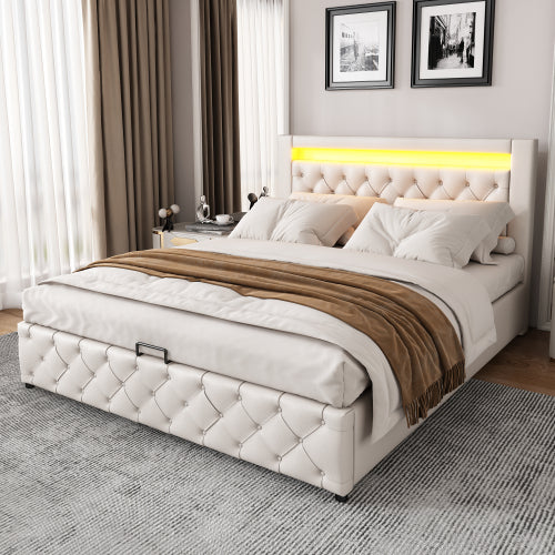 Upholstered Bed 135 X 190 Cm Functional Bed With Slatted Frame And Storage Space, LED Lighting In Different Colors, White, PU