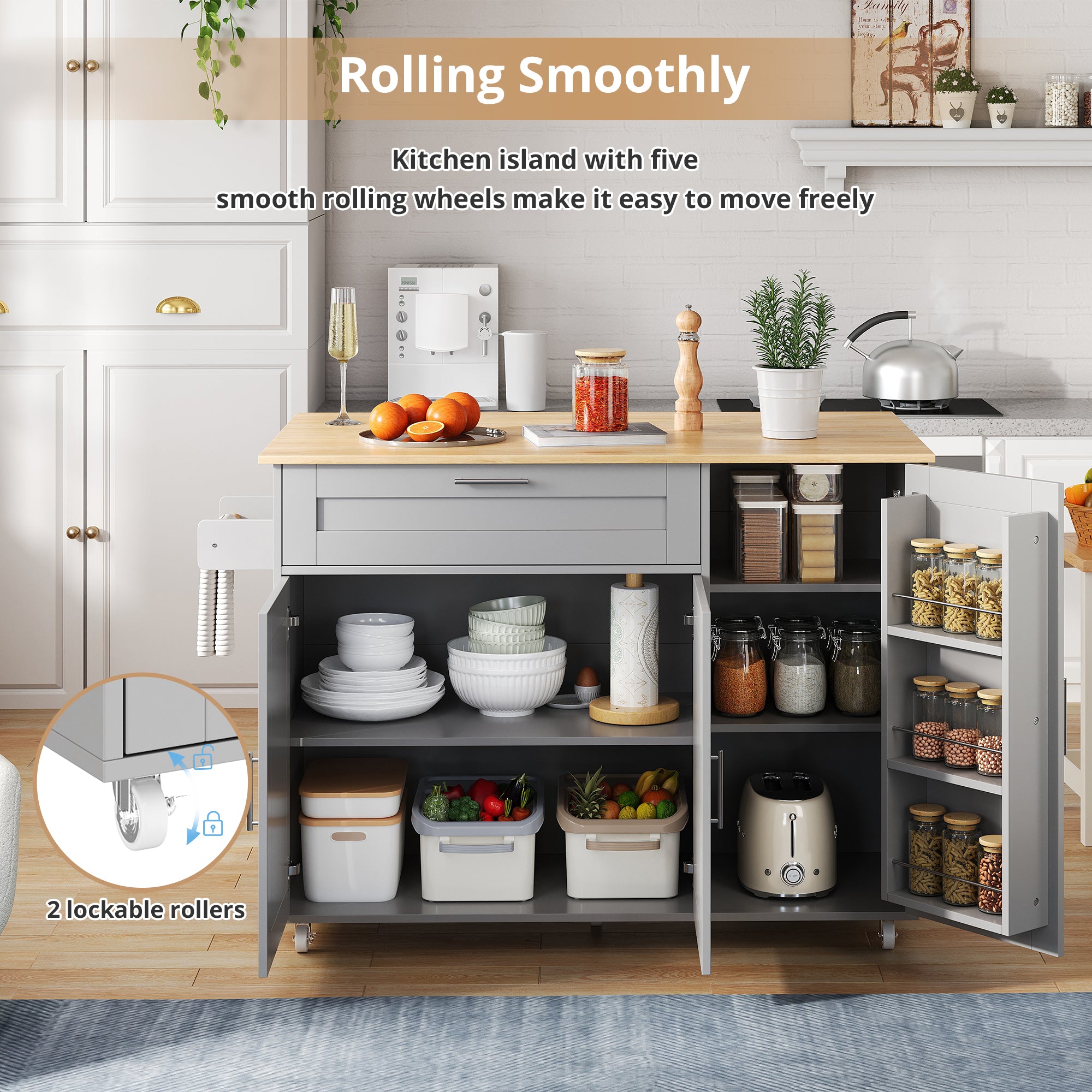 Kitchen Rolling Storage Trolley With Foldable Tabletop