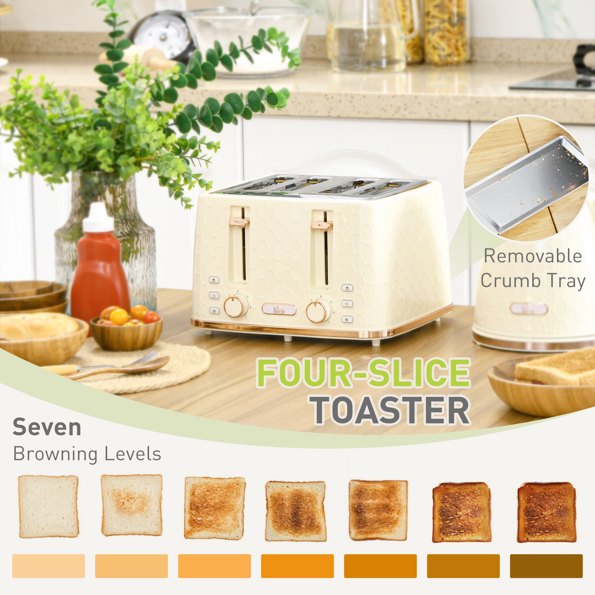 Kettle And Toaster Set, 1.7L 3000W Fast Boil Jug Kettle, 4 Slice Toaster With 7 Level Browning Controls, Beige