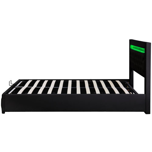Upholstered Bed 135 X 190 Cm Functional Bed With Slatted Frame And Storage Space, LED Lighting In Different Colors, White, PU