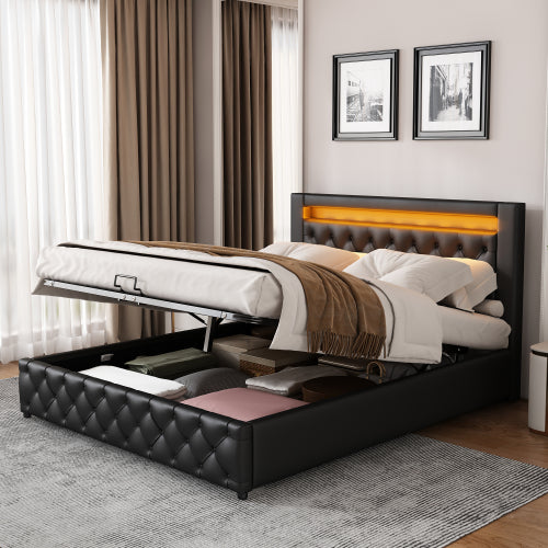 Upholstered Bed 135 X 190 Cm Functional Bed With Slatted Frame And Storage Space, LED Lighting In Different Colors, White, PU