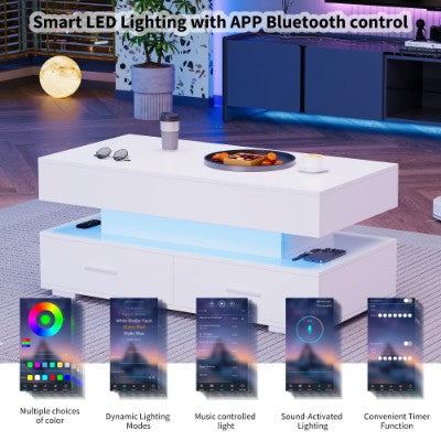Coffee Table With 2 Drawers & LED Light