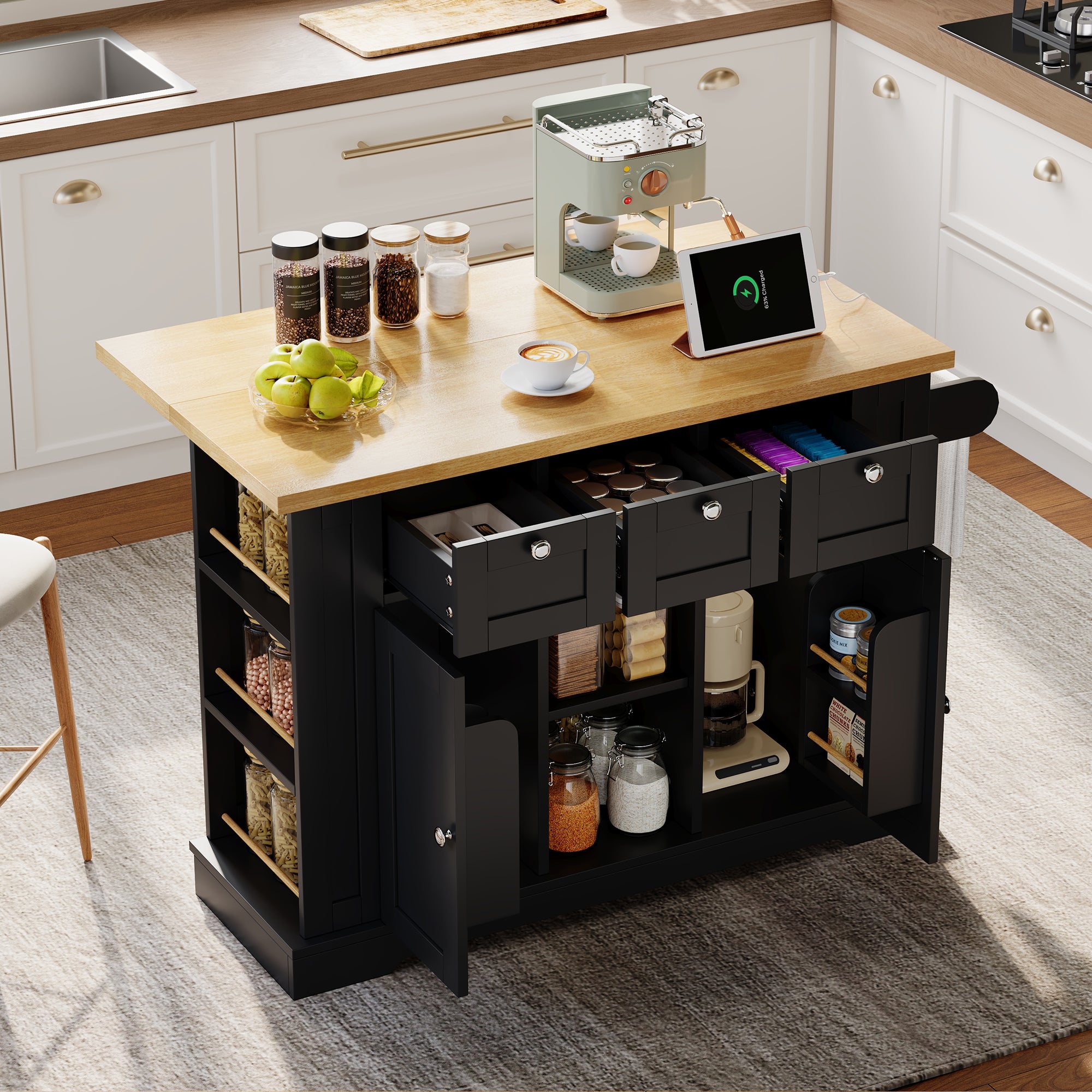 Kitchen Rolling Storage Trolley With Foldable Tabletop