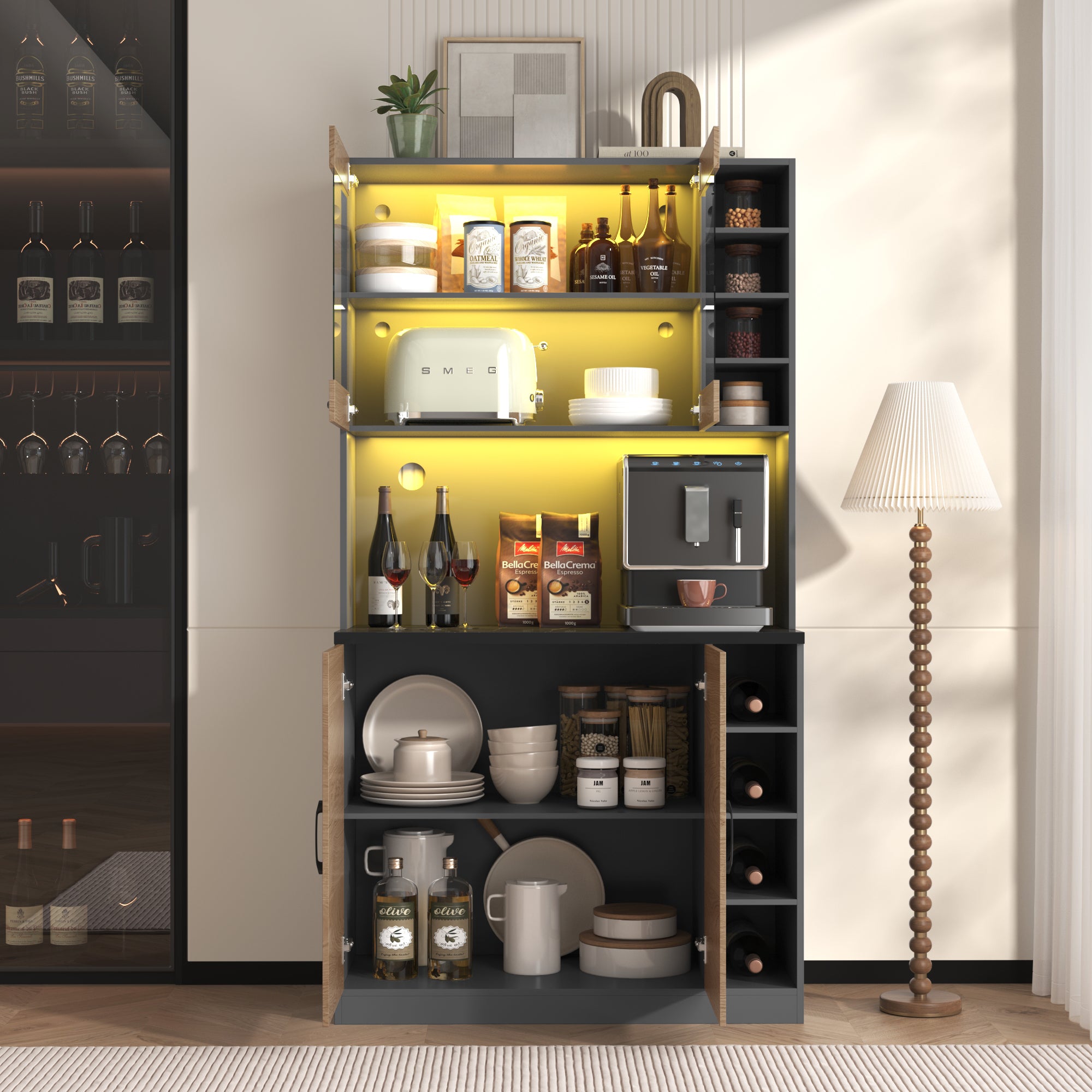 Kitchen Cabinet, Pantry With LED Ambient Lighting