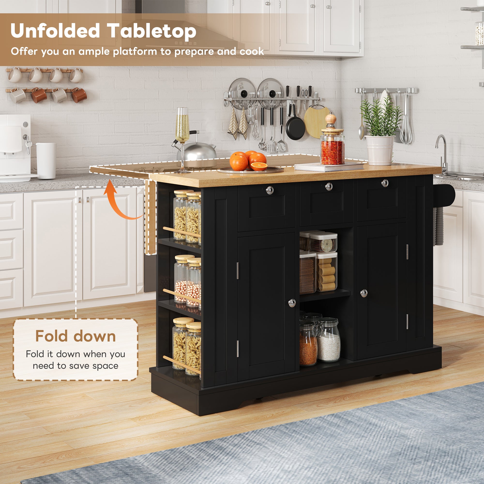 Kitchen Rolling Storage Trolley With Foldable Tabletop