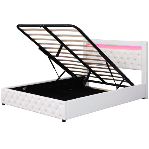 Upholstered Bed 135 X 190 Cm Functional Bed With Slatted Frame And Storage Space, LED Lighting In Different Colors, White, PU