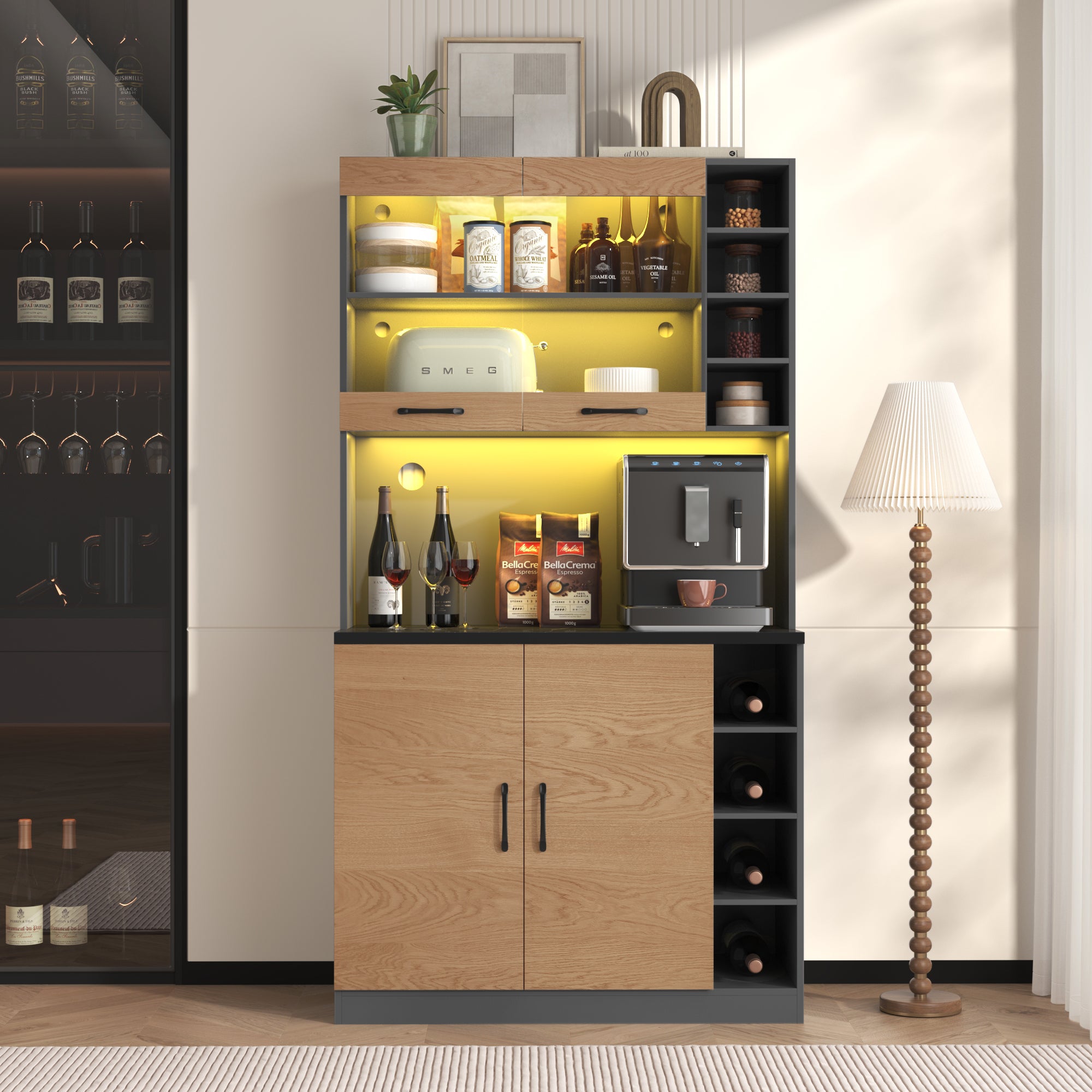 Kitchen Cabinet, Pantry With LED Ambient Lighting