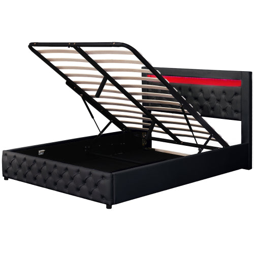 Upholstered Bed 135 X 190 Cm Functional Bed With Slatted Frame And Storage Space, LED Lighting In Different Colors, White, PU