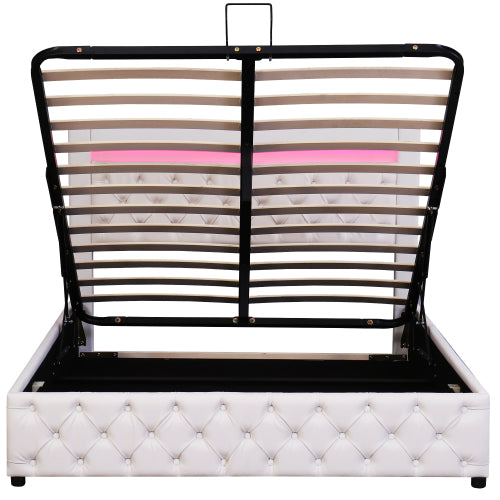 Upholstered Bed 135 X 190 Cm Functional Bed With Slatted Frame And Storage Space, LED Lighting In Different Colors, White, PU