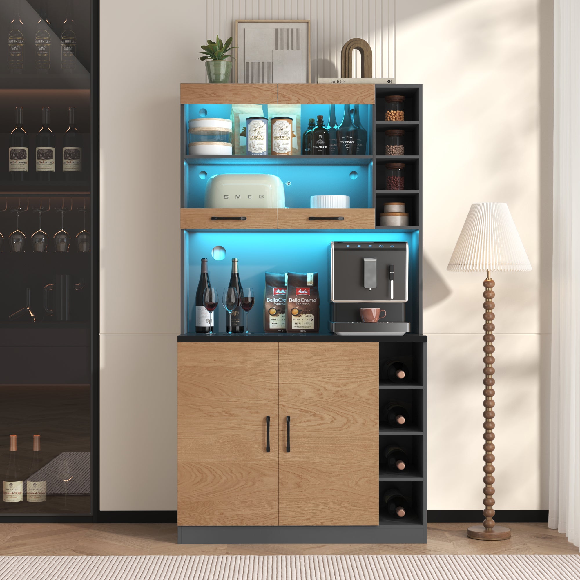 Kitchen Cabinet, Pantry With LED Ambient Lighting