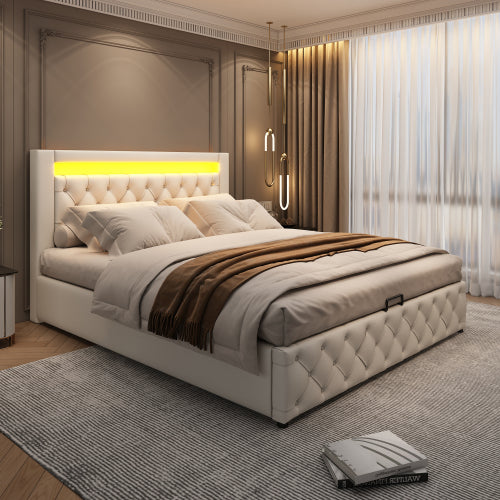 Upholstered Bed 135 X 190 Cm Functional Bed With Slatted Frame And Storage Space, LED Lighting In Different Colors, White, PU