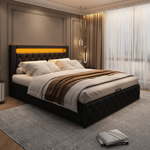 Upholstered Bed 135 X 190 Cm Functional Bed With Slatted Frame And Storage Space, LED Lighting In Different Colors, White, PU