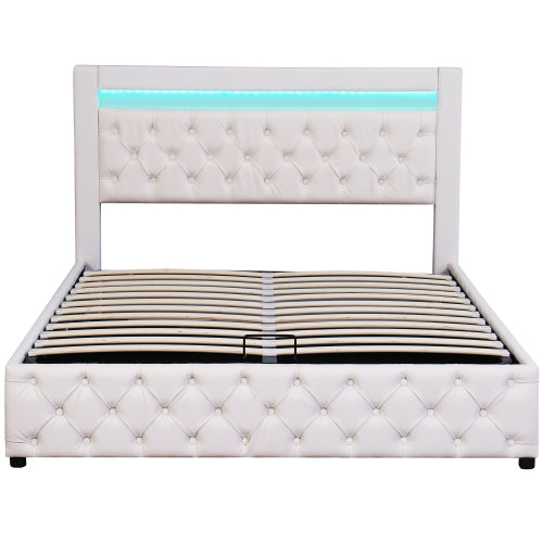Upholstered Bed 135 X 190 Cm Functional Bed With Slatted Frame And Storage Space, LED Lighting In Different Colors, White, PU