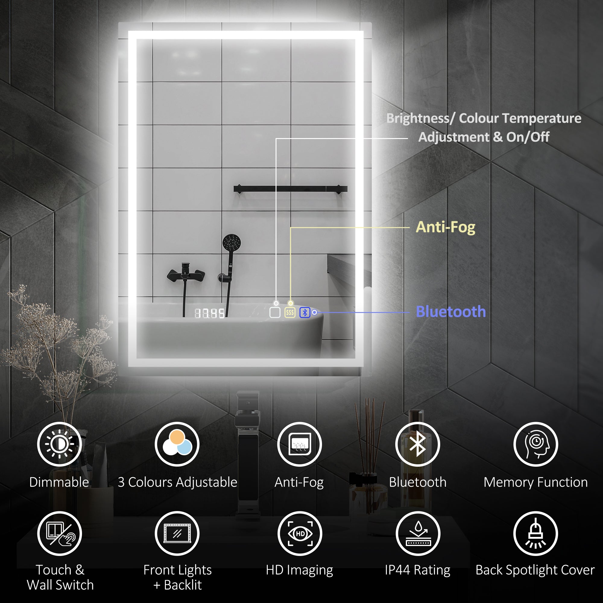Anti-Fog LED Bathroom Mirror, With Bluetooth